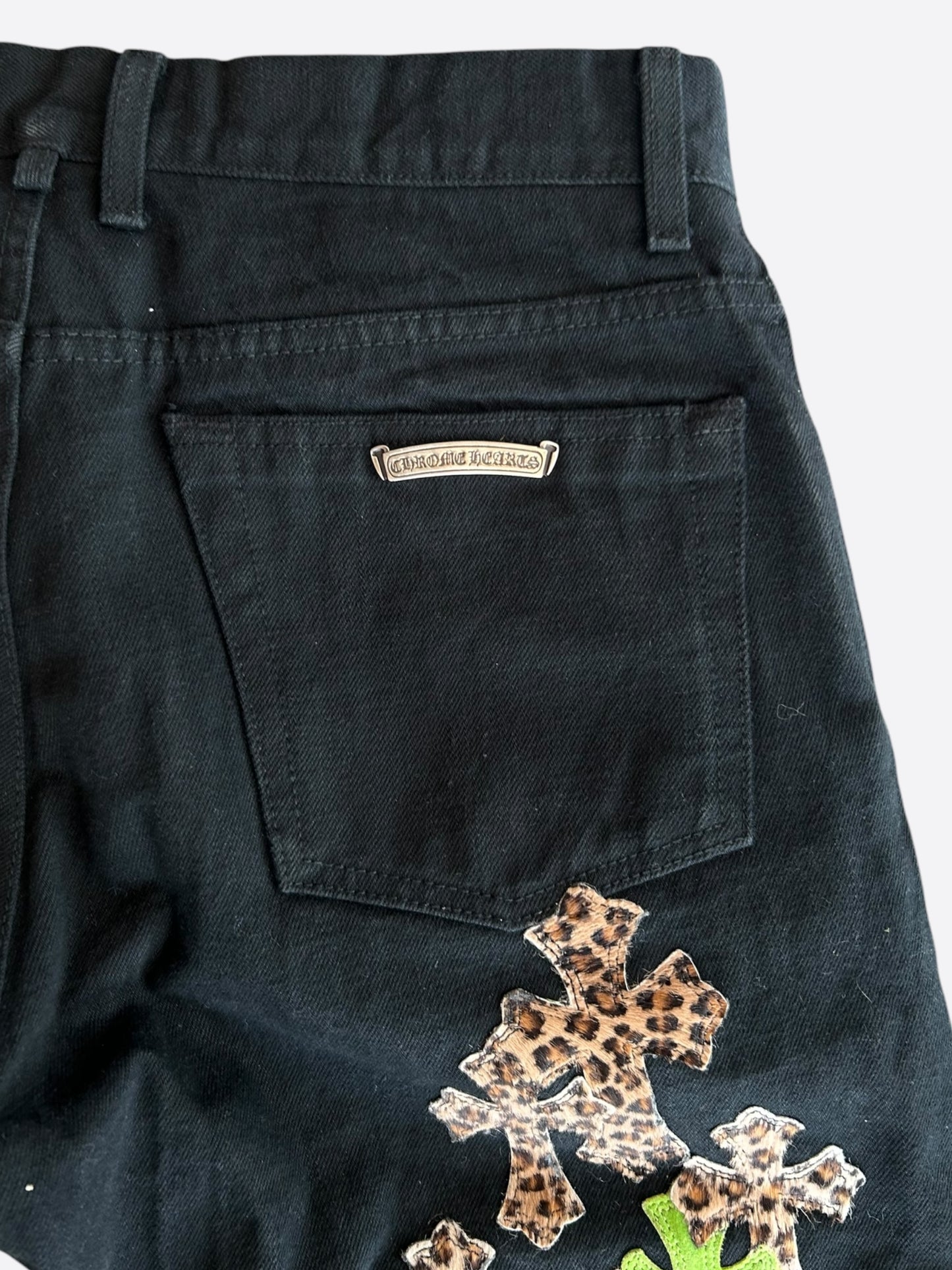 Chrome Hearts Cross Patch Denim 'Black/Green/Cheetah' - detail close-up - District 97 Clothing streetwear